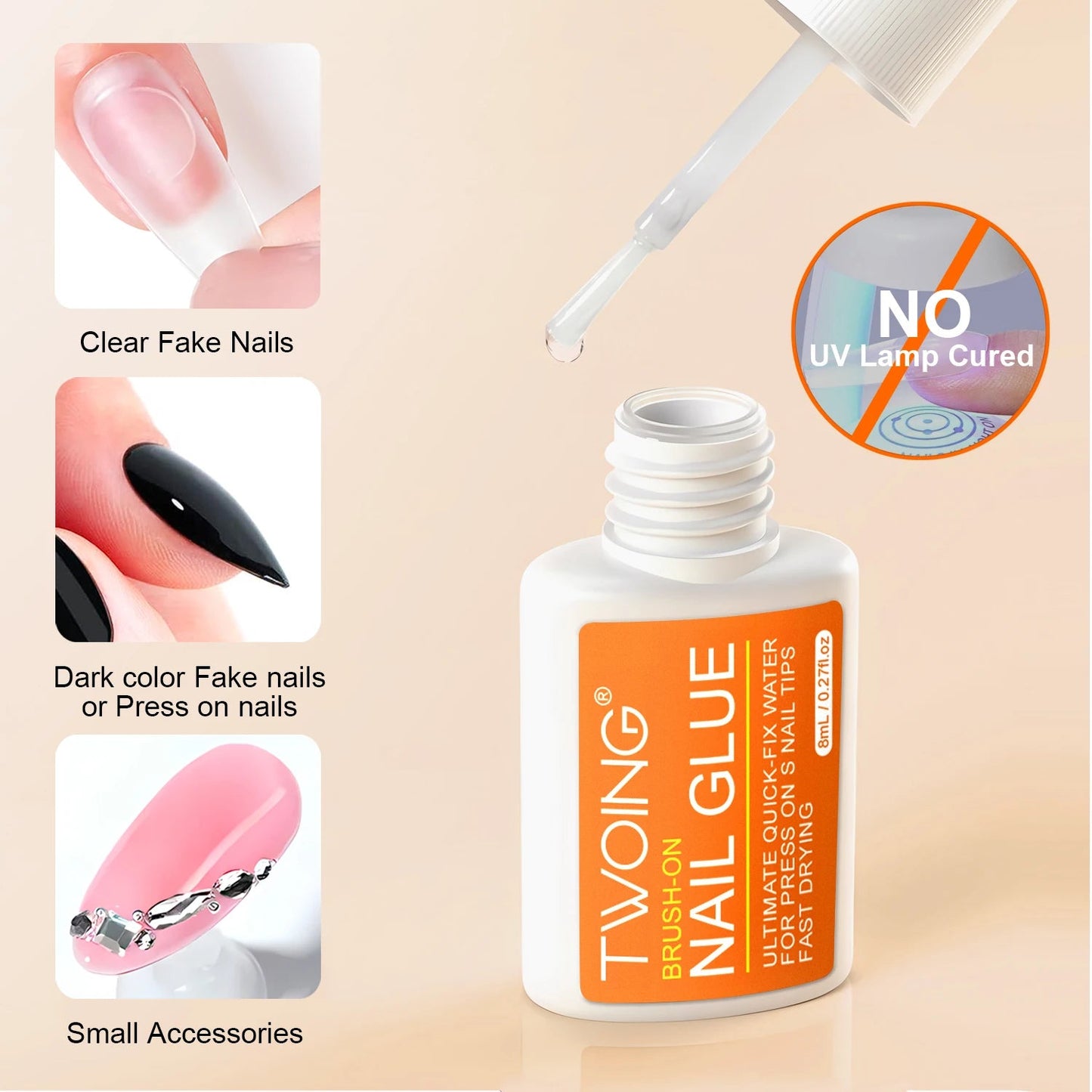 Twoing Waterproof Liquid Nail Adhesive,Long - Lasting & Fast - Drying, Formaldehyde - Free, Compatible with Acrylic Nails Fake Nails - Clothesfassion.store