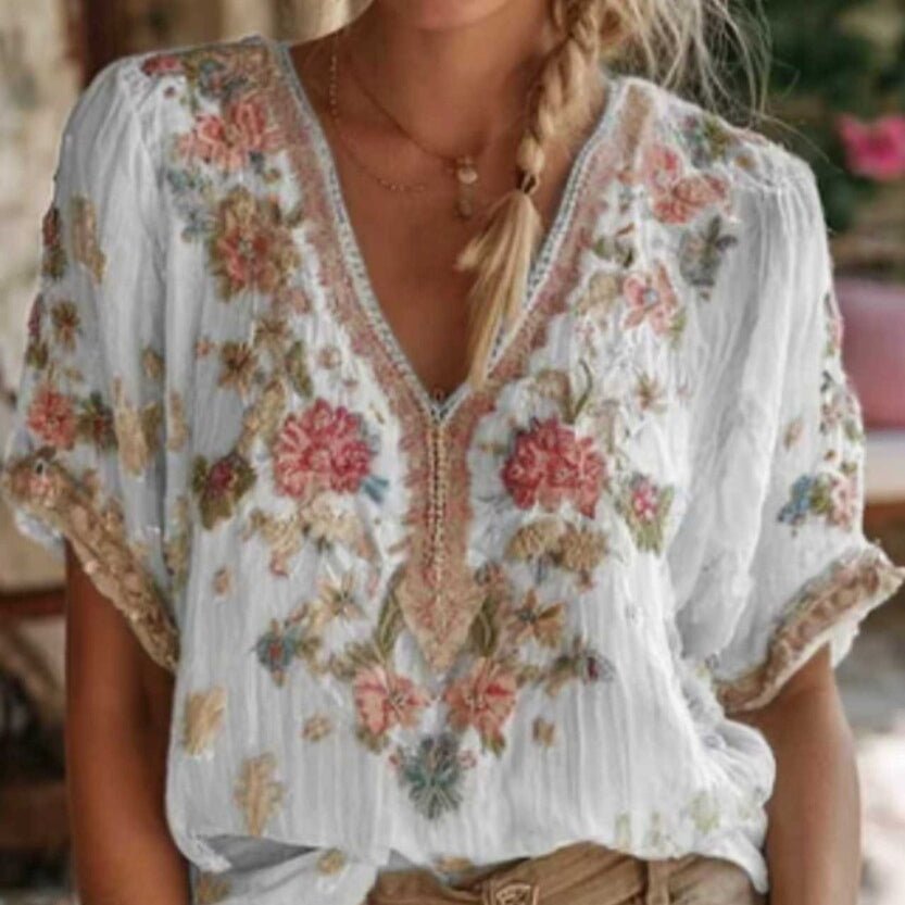 V-neck Elegant Artistic Retro-Style Short-Sleeve Womens Top - Clothesfassion.store