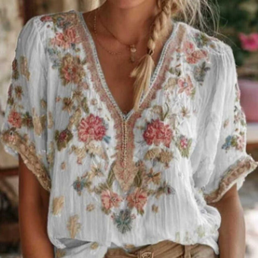 V-neck Elegant Artistic Retro-Style Short-Sleeve Womens Top - Clothesfassion.store