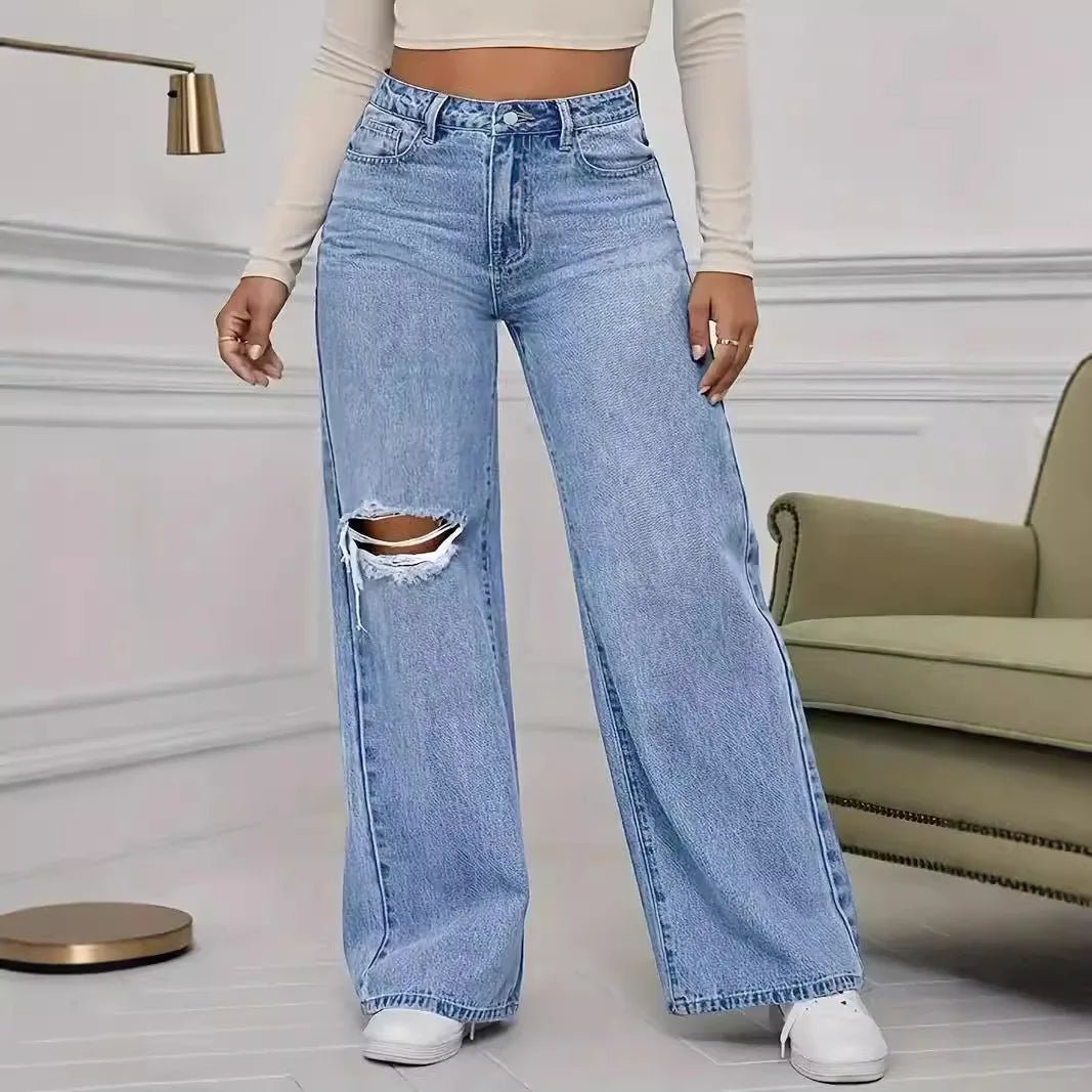 Washed Personality Hole Loose High Waist Denim Wide - leg Pants,Women's Four Seasons New Classic Fashion Casual Floor - length Jeans - Clothesfassion.store