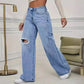 Washed Personality Hole Loose High Waist Denim Wide - leg Pants,Women's Four Seasons New Classic Fashion Casual Floor - length Jeans - Clothesfassion.store