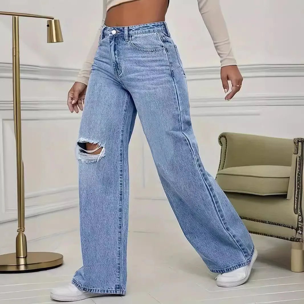 Washed Personality Hole Loose High Waist Denim Wide - leg Pants,Women's Four Seasons New Classic Fashion Casual Floor - length Jeans - Clothesfassion.store