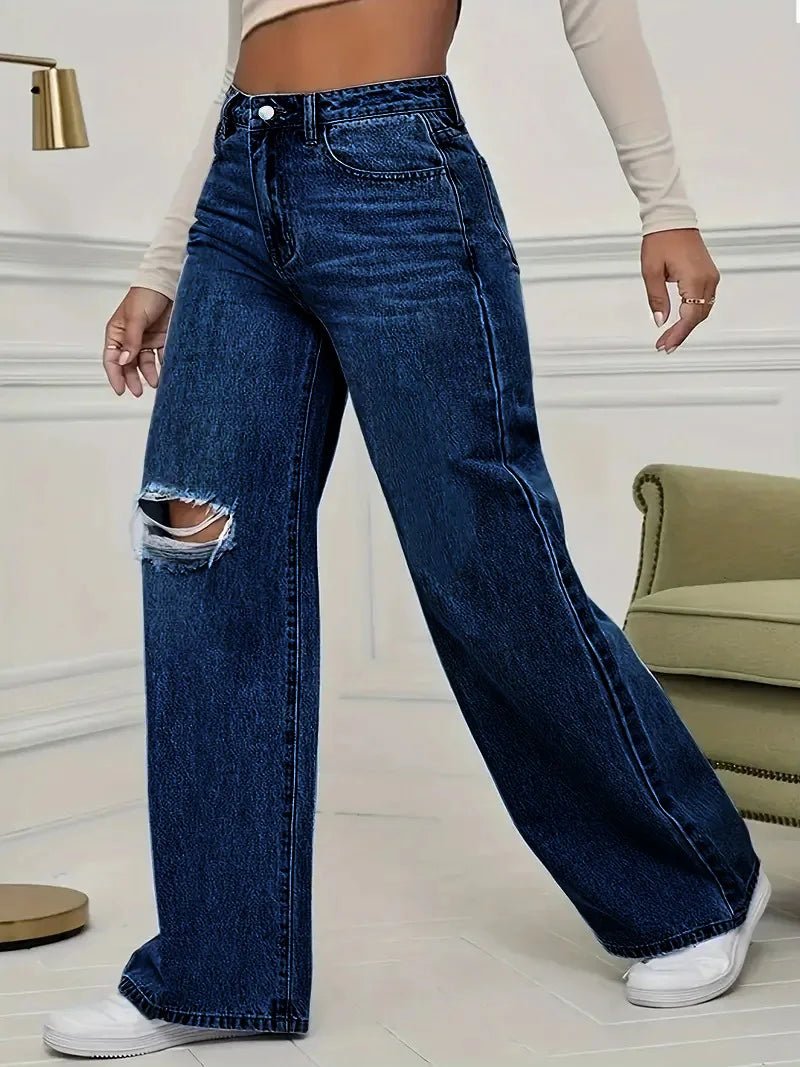 Washed Personality Hole Loose High Waist Denim Wide - leg Pants,Women's Four Seasons New Classic Fashion Casual Floor - length Jeans - Clothesfassion.store