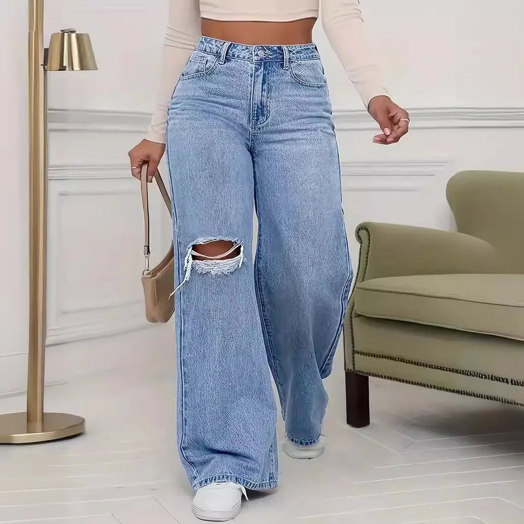Washed Personality Hole Loose High Waist Denim Wide - leg Pants,Women's Four Seasons New Classic Fashion Casual Floor - length Jeans - Clothesfassion.store