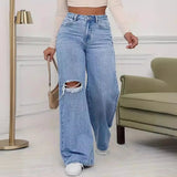 Washed Personality Hole Loose High Waist Denim Wide - leg Pants,Women's Four Seasons New Classic Fashion Casual Floor - length Jeans - Clothesfassion.store