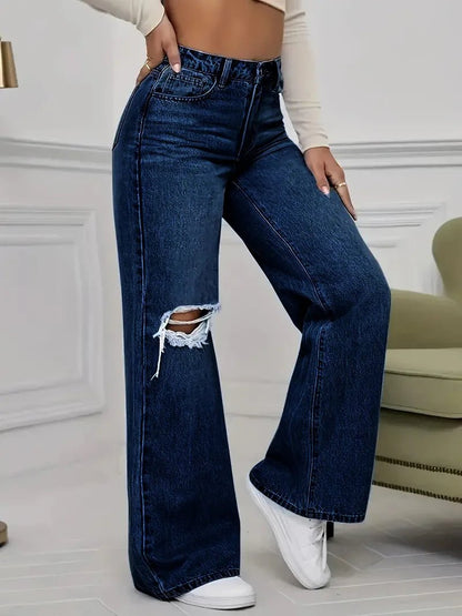 Washed Personality Hole Loose High Waist Denim Wide - leg Pants,Women's Four Seasons New Classic Fashion Casual Floor - length Jeans - Clothesfassion.store