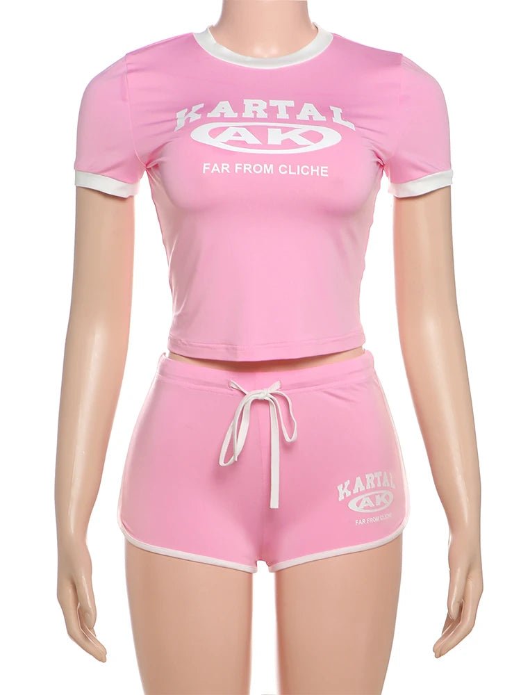 Weird Puss Letter Print 2piece Set Women Tracksuit Activity Shorts Sleeve Crop Tops+Biker Shorts Matching Street Stretch Suits - Clothesfassion.store