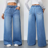 Wide Leg Pants Jeans Women Washed Denims Elastic Waist Lace Up Distressed Vintage Streetwear Female Full Length Loose Trousers - Clothesfassion.store