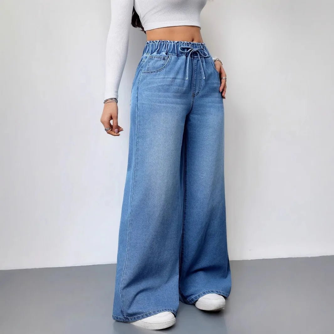 Wide Leg Pants Jeans Women Washed Denims Elastic Waist Lace Up Distressed Vintage Streetwear Female Full Length Loose Trousers - Clothesfassion.store