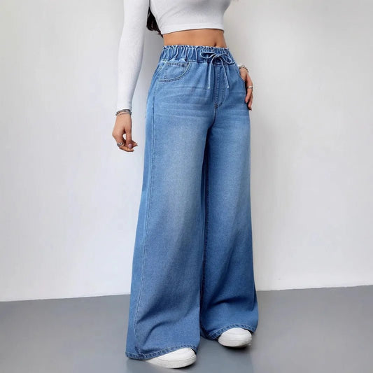 Wide Leg Pants Jeans Women Washed Denims Elastic Waist Lace Up Distressed Vintage Streetwear Female Full Length Loose Trousers - Clothesfassion.store
