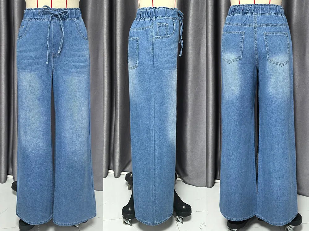 Wide Leg Pants Jeans Women Washed Denims Elastic Waist Lace Up Distressed Vintage Streetwear Female Full Length Loose Trousers - Clothesfassion.store
