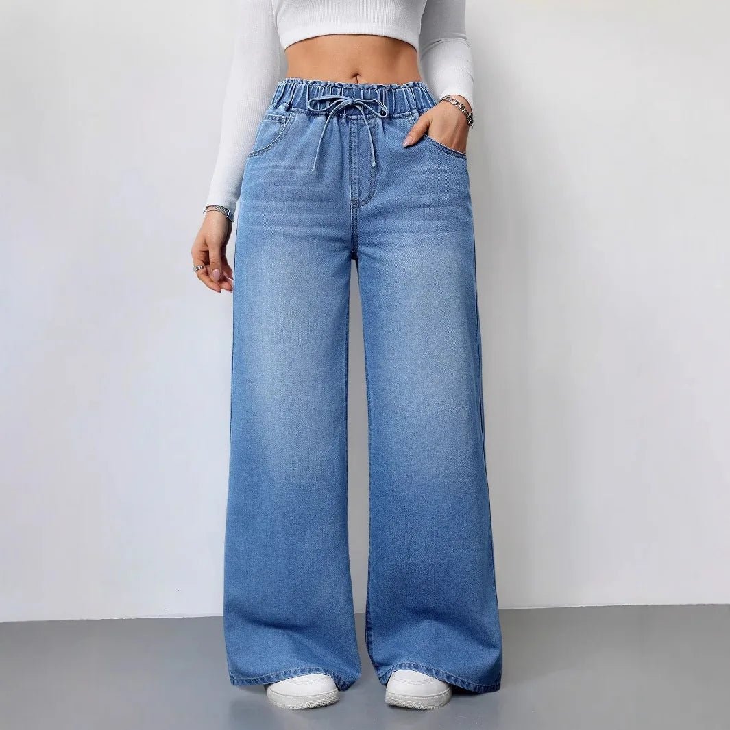 Wide Leg Pants Jeans Women Washed Denims Elastic Waist Lace Up Distressed Vintage Streetwear Female Full Length Loose Trousers - Clothesfassion.store