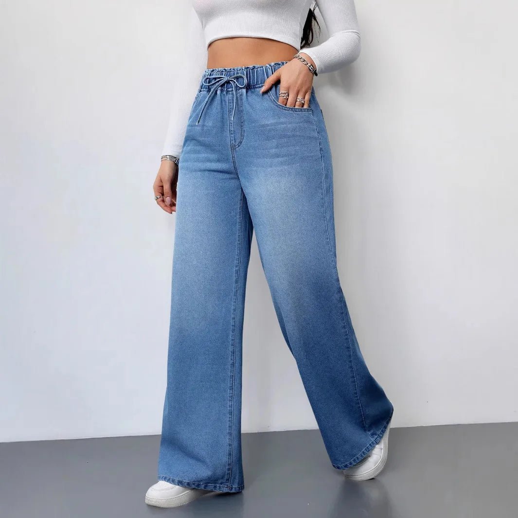 Wide Leg Pants Jeans Women Washed Denims Elastic Waist Lace Up Distressed Vintage Streetwear Female Full Length Loose Trousers - Clothesfassion.store