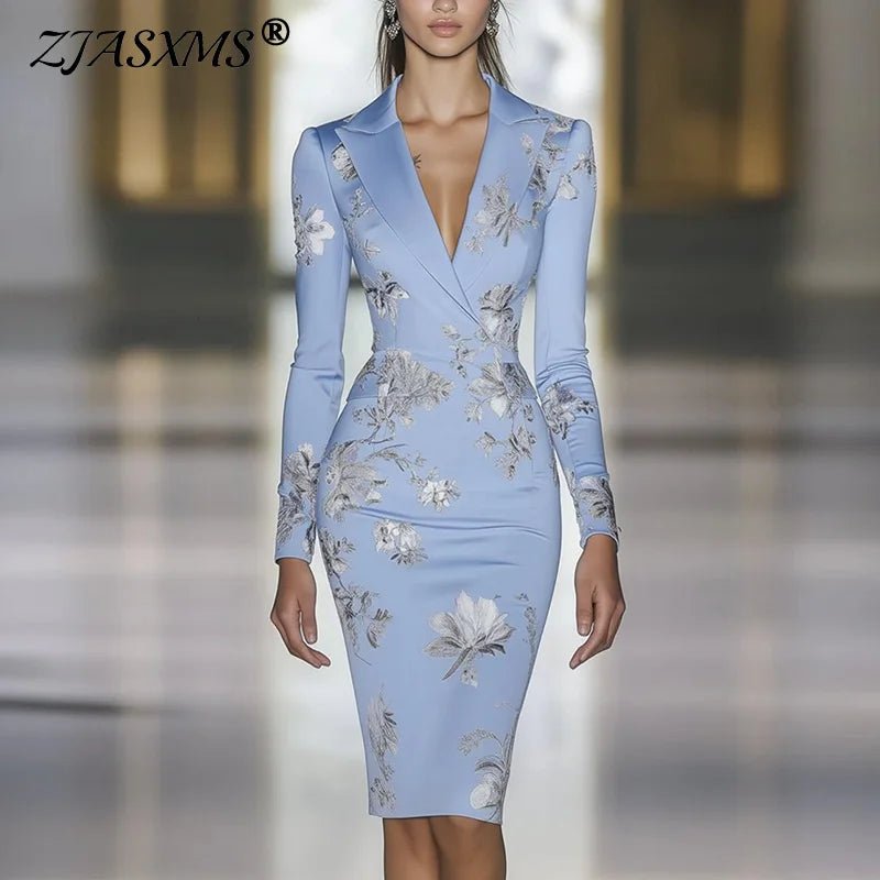 Woman Clothes Dresses 2025 Spring Floral Print Bodycon Elegant Evening Dress Autumn Long Sleeve Turn - down Collar Commute Dresses - Clothesfassion.store
