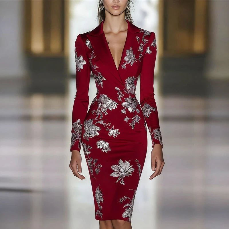 Woman Clothes Dresses 2025 Spring Floral Print Bodycon Elegant Evening Dress Autumn Long Sleeve Turn - down Collar Commute Dresses - Clothesfassion.store