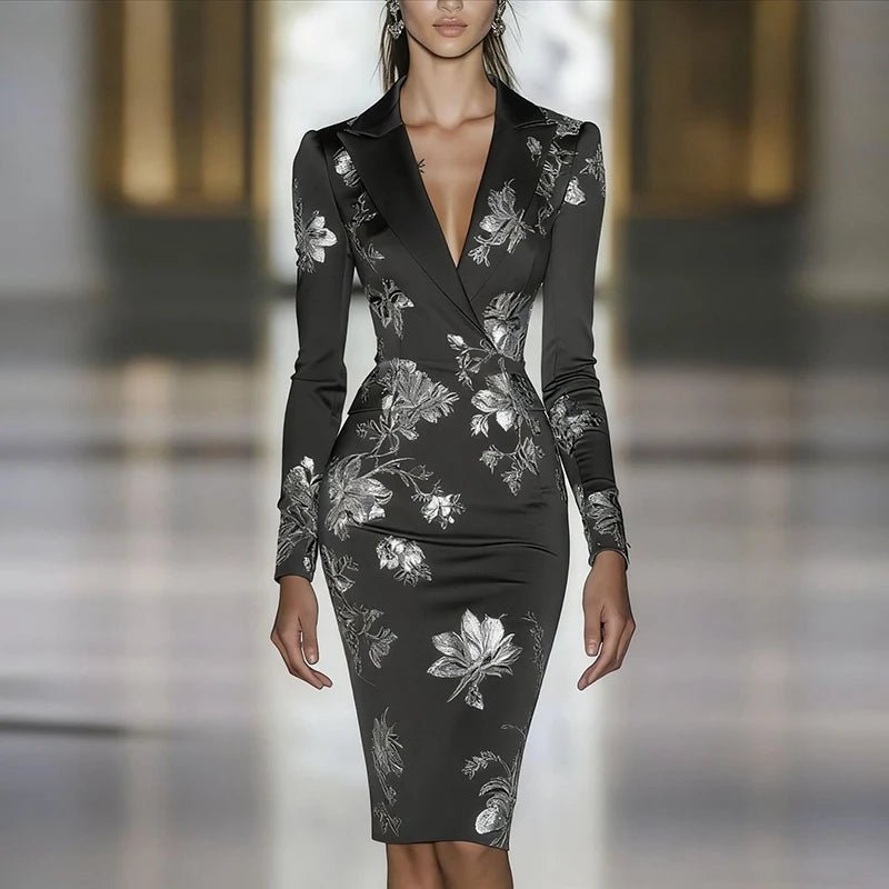 Woman Clothes Dresses 2025 Spring Floral Print Bodycon Elegant Evening Dress Autumn Long Sleeve Turn - down Collar Commute Dresses - Clothesfassion.store