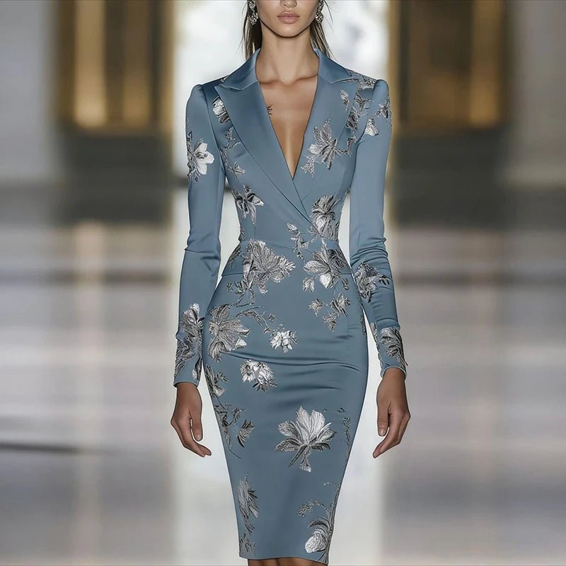 Woman Clothes Dresses 2025 Spring Floral Print Bodycon Elegant Evening Dress Autumn Long Sleeve Turn - down Collar Commute Dresses - Clothesfassion.store