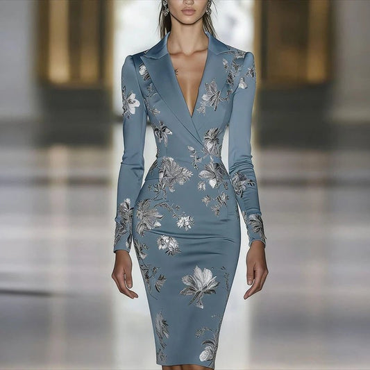Woman Clothes Dresses 2025 Spring Floral Print Bodycon Elegant Evening Dress Autumn Long Sleeve Turn - down Collar Commute Dresses - Clothesfassion.store