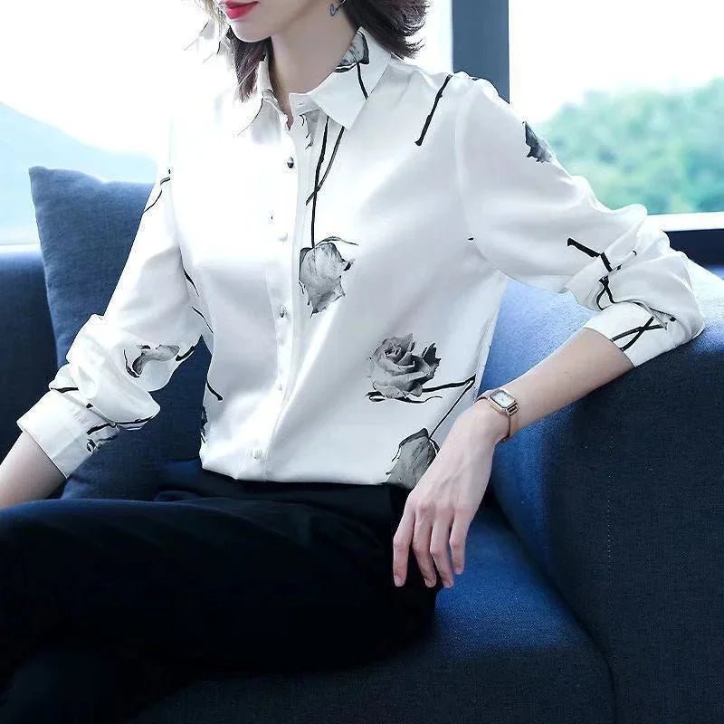 Woman Spring Autumn Style Blouses Shirts Lady Casual Long Sleeve Turn - down Collar Flower Printed Blusas Tops - Clothesfassion.store