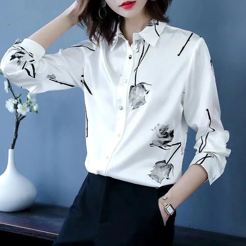 Woman Spring Autumn Style Blouses Shirts Lady Casual Long Sleeve Turn - down Collar Flower Printed Blusas Tops - Clothesfassion.store