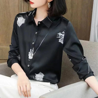 Woman Spring Autumn Style Blouses Shirts Lady Casual Long Sleeve Turn - down Collar Flower Printed Blusas Tops - Clothesfassion.store