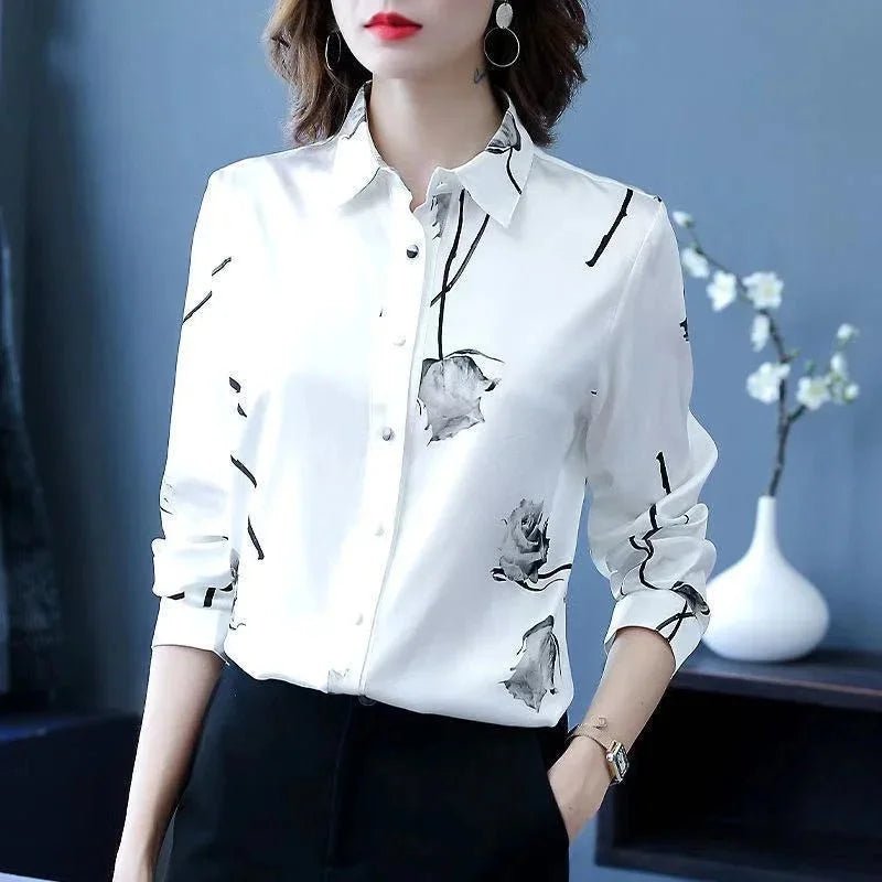 Woman Spring Autumn Style Blouses Shirts Lady Casual Long Sleeve Turn - down Collar Flower Printed Blusas Tops - Clothesfassion.store