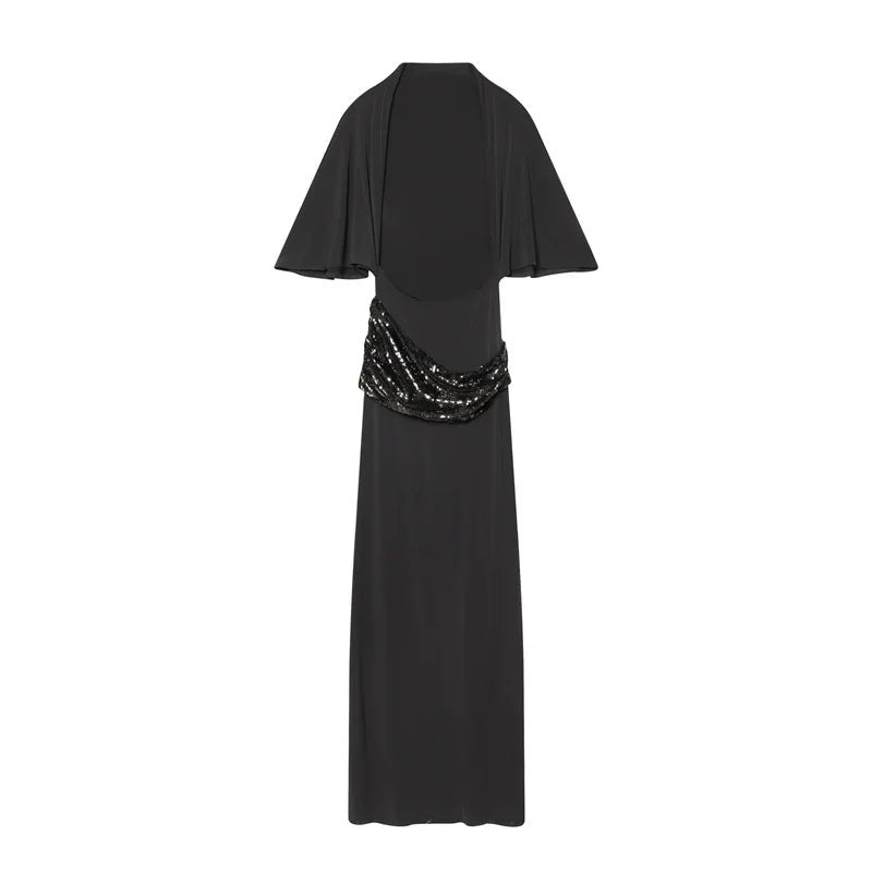 Women Backless Sequin Patchwork Maxi Dress Elegant Wide Sleeve Long Gowns Feminine New Fashion Evening Party Daily Robes - Clothesfassion.store