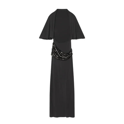 Women Backless Sequin Patchwork Maxi Dress Elegant Wide Sleeve Long Gowns Feminine New Fashion Evening Party Daily Robes - Clothesfassion.store