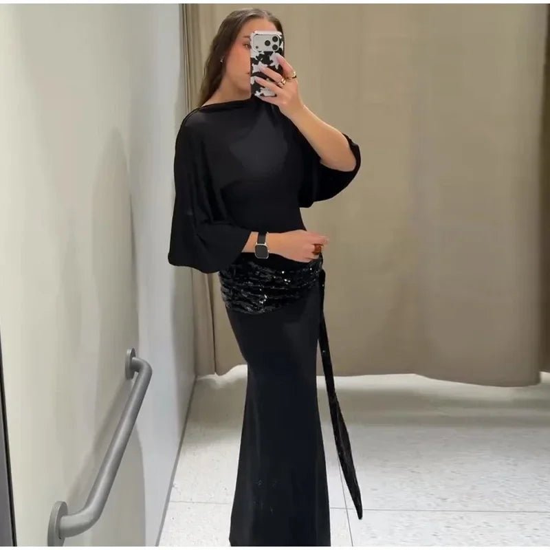 Women Backless Sequin Patchwork Maxi Dress Elegant Wide Sleeve Long Gowns Feminine New Fashion Evening Party Daily Robes - Clothesfassion.store