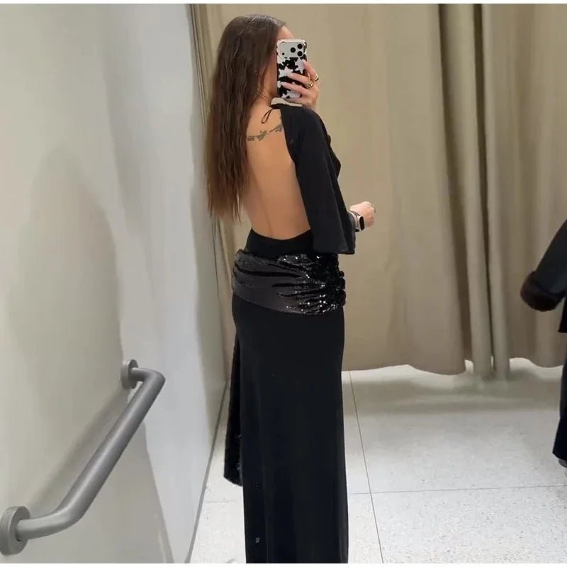 Women Backless Sequin Patchwork Maxi Dress Elegant Wide Sleeve Long Gowns Feminine New Fashion Evening Party Daily Robes - Clothesfassion.store