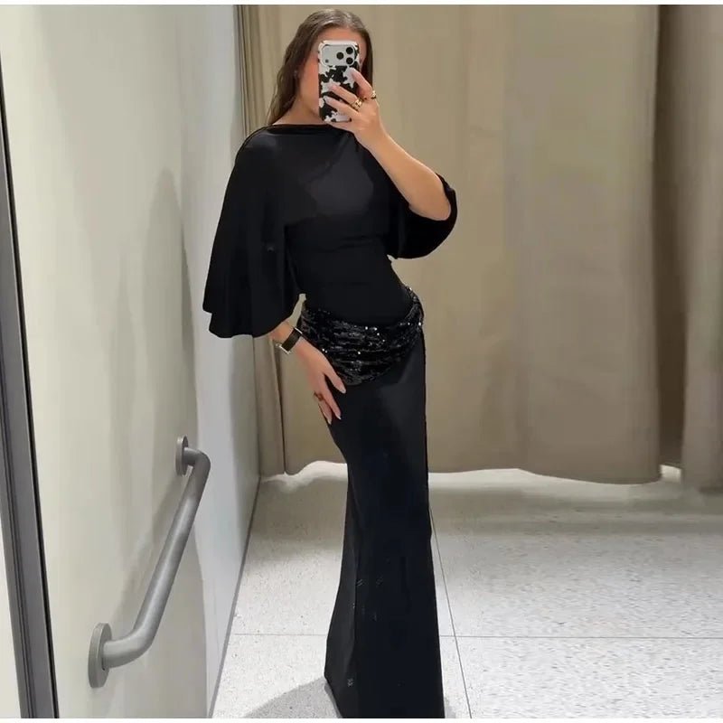 Women Backless Sequin Patchwork Maxi Dress Elegant Wide Sleeve Long Gowns Feminine New Fashion Evening Party Daily Robes - Clothesfassion.store
