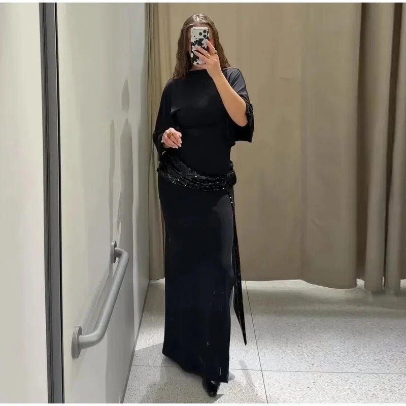 Women Backless Sequin Patchwork Maxi Dress Elegant Wide Sleeve Long Gowns Feminine New Fashion Evening Party Daily Robes - Clothesfassion.store