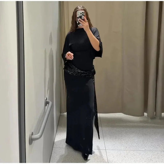 Women Backless Sequin Patchwork Maxi Dress Elegant Wide Sleeve Long Gowns Feminine New Fashion Evening Party Daily Robes - Clothesfassion.store