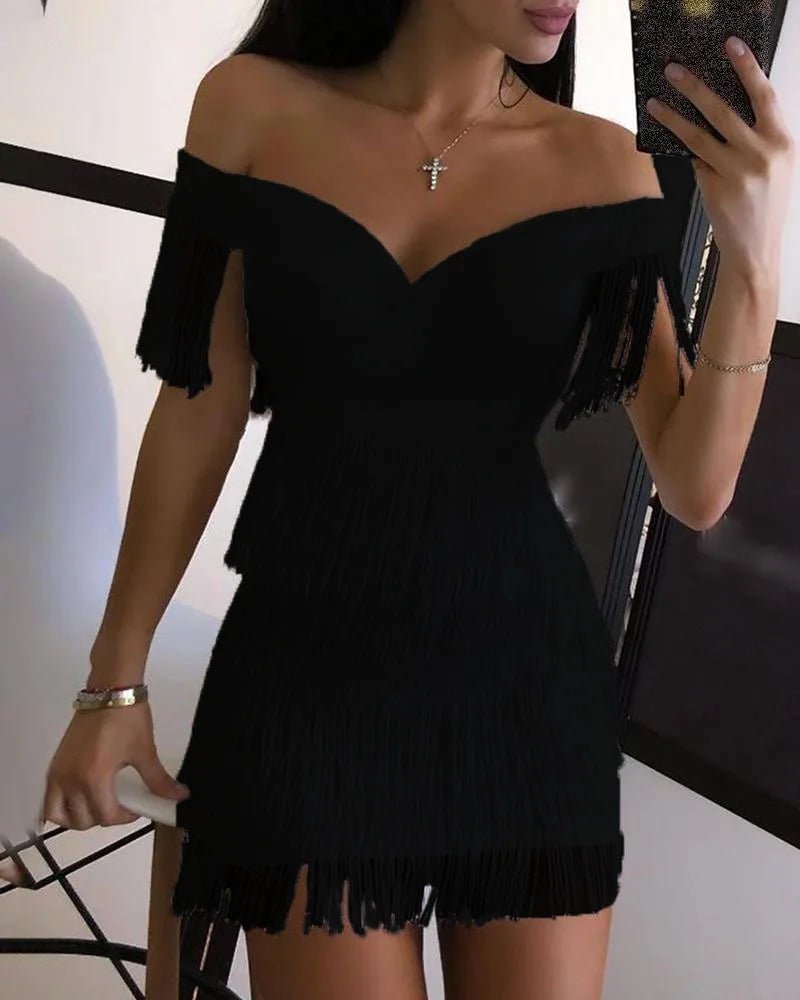 Women Evening Dresses Sexy Big V Neck One - shoulder Fringed Skirt Ladies Temperament Slim Dress Short Sleeve Club Dress Vestidos - Clothesfassion.store