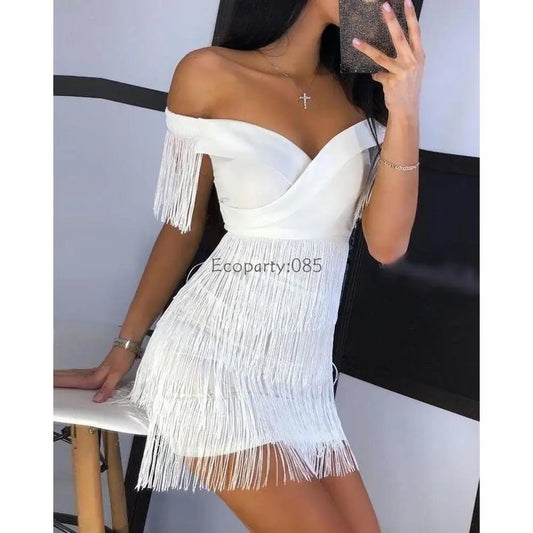 Women Evening Dresses Sexy Big V Neck One - shoulder Fringed Skirt Ladies Temperament Slim Dress Short Sleeve Club Dress Vestidos - Clothesfassion.store