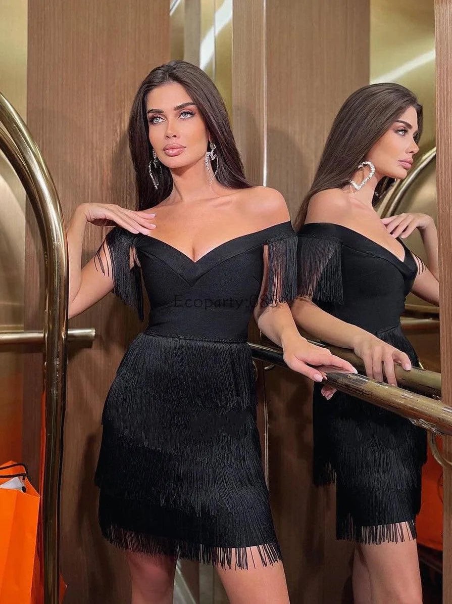 Women Evening Dresses Sexy Big V Neck One - shoulder Fringed Skirt Ladies Temperament Slim Dress Short Sleeve Club Dress Vestidos - Clothesfassion.store