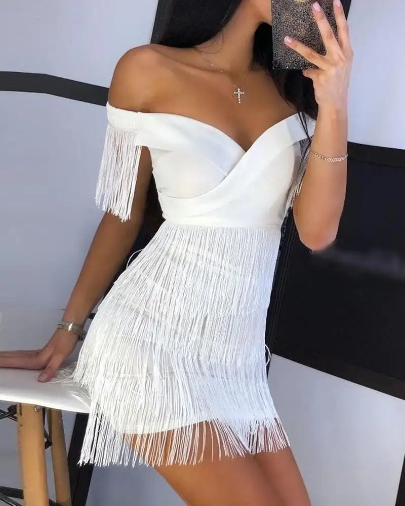 Women Evening Dresses Sexy Big V Neck One - shoulder Fringed Skirt Ladies Temperament Slim Dress Short Sleeve Club Dress Vestidos - Clothesfassion.store