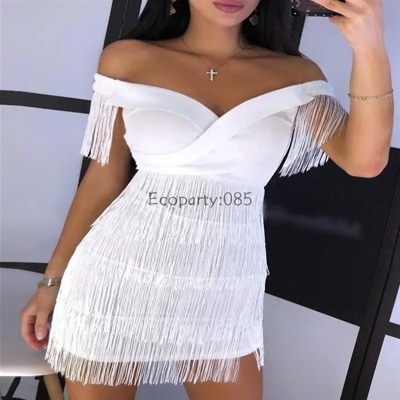 Women Evening Dresses Sexy Big V Neck One - shoulder Fringed Skirt Ladies Temperament Slim Dress Short Sleeve Club Dress Vestidos - Clothesfassion.store