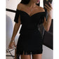 Women Evening Dresses Sexy Big V Neck One - shoulder Fringed Skirt Ladies Temperament Slim Dress Short Sleeve Club Dress Vestidos - Clothesfassion.store