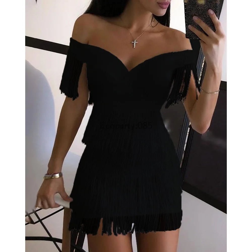 Women Evening Dresses Sexy Big V Neck One - shoulder Fringed Skirt Ladies Temperament Slim Dress Short Sleeve Club Dress Vestidos - Clothesfassion.store
