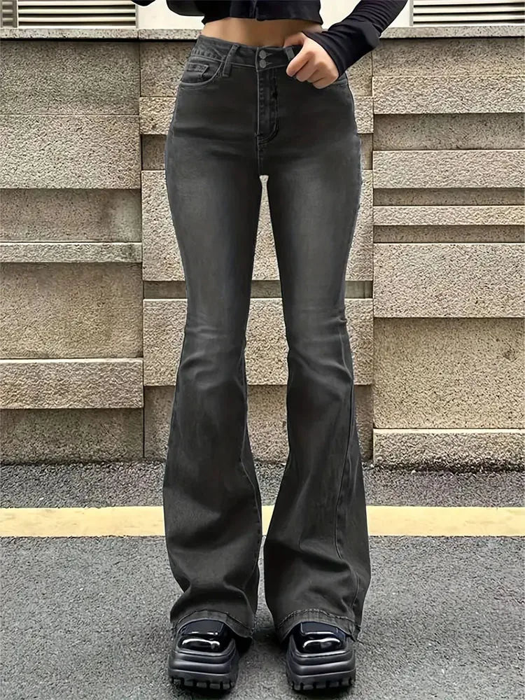 Women Flare Stretch Moustache Jeans Fashion Skinny Bell Bottom High Waist Gray Denim Pants Lady Classic Y2K Punk Long Trousers - Clothesfassion.store