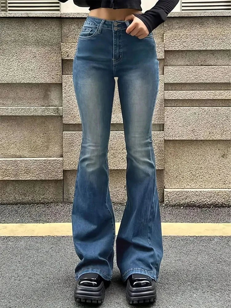 Women Flare Stretch Moustache Jeans Fashion Skinny Bell Bottom High Waist Gray Denim Pants Lady Classic Y2K Punk Long Trousers - Clothesfassion.store