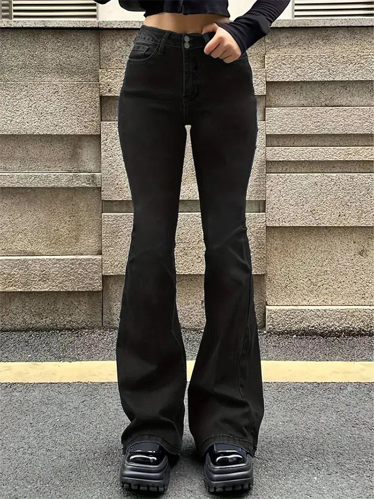 Women Flare Stretch Moustache Jeans Fashion Skinny Bell Bottom High Waist Gray Denim Pants Lady Classic Y2K Punk Long Trousers - Clothesfassion.store