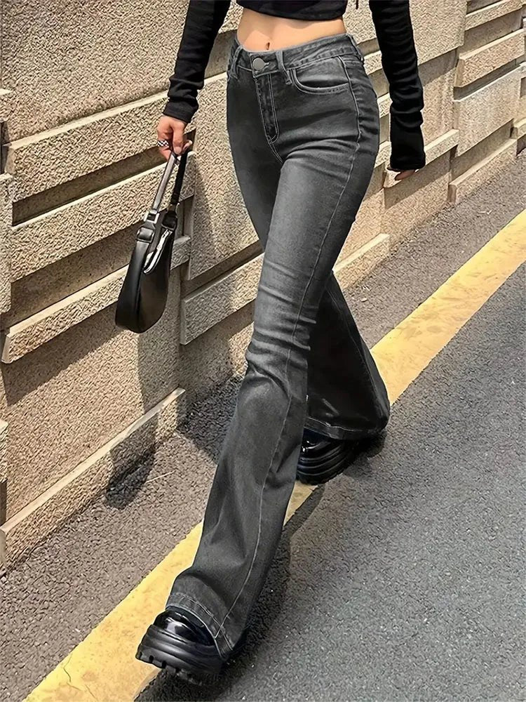 Women Flare Stretch Moustache Jeans Fashion Skinny Bell Bottom High Waist Gray Denim Pants Lady Classic Y2K Punk Long Trousers - Clothesfassion.store
