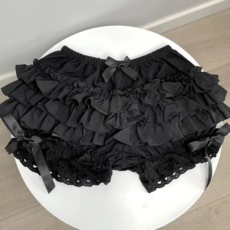 Women Girls Bowknot Frilly Lace Ruffle Pumpkin Bloomers Victorian Bloomer Shorts Lolita Vintage Gothic Pantaloons Costum - Clothesfassion.store
