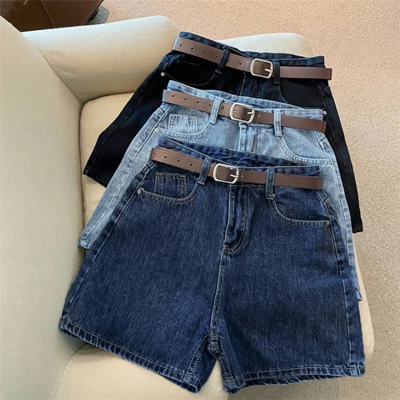 Women High Waist Denim Shorts Summer Chic Streetwear Female Casual Wide Leg Short Pants Solid Color Lady Loose Straight Shorts - Clothesfassion.store