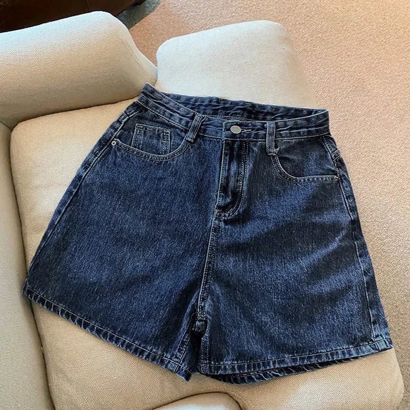 Women High Waist Denim Shorts Summer Chic Streetwear Female Casual Wide Leg Short Pants Solid Color Lady Loose Straight Shorts - Clothesfassion.store