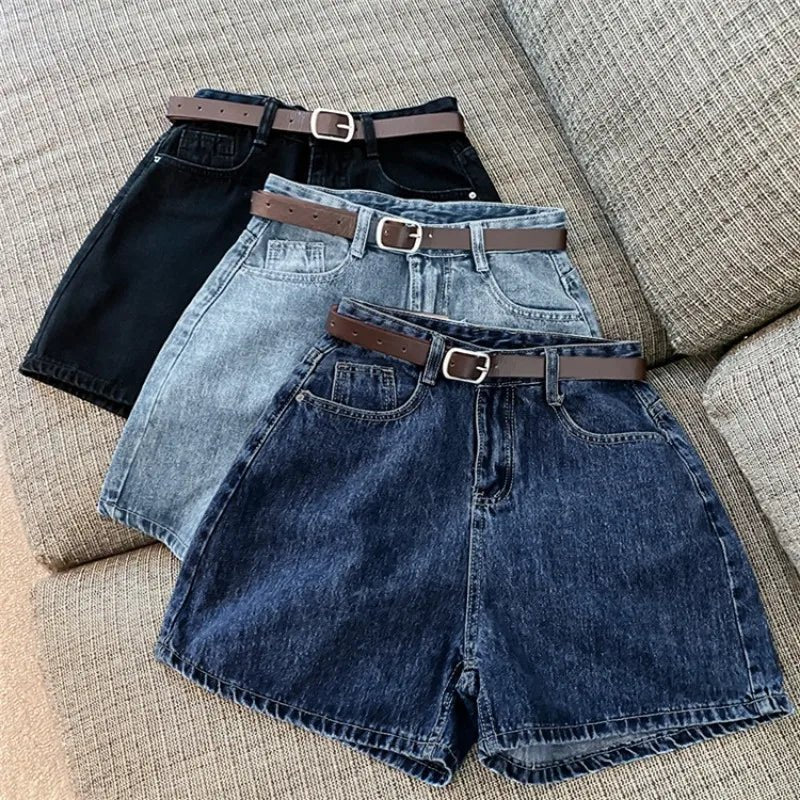 Women High Waist Denim Shorts Summer Chic Streetwear Female Casual Wide Leg Short Pants Solid Color Lady Loose Straight Shorts - Clothesfassion.store