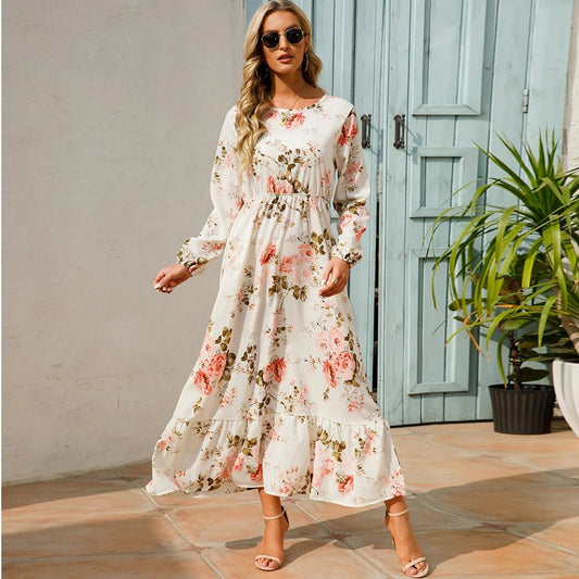 Women Maxi Dresses Sping Autumn Bohemian Casual Full Sleeve High Waist Beach Woman Chiffon Dresses Floral Vestidoes Long Dress - Clothesfassion.store