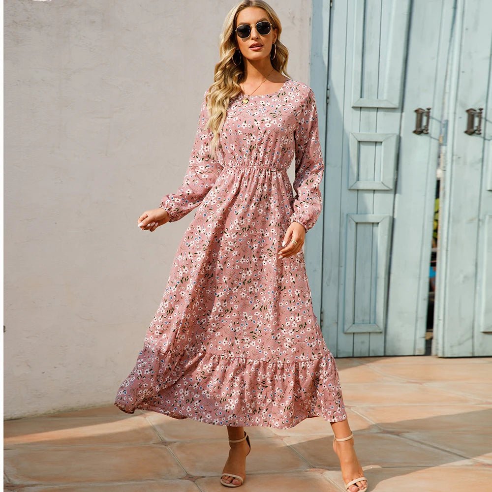 Women Maxi Dresses Sping Autumn Bohemian Casual Full Sleeve High Waist Beach Woman Chiffon Dresses Floral Vestidoes Long Dress - Clothesfassion.store